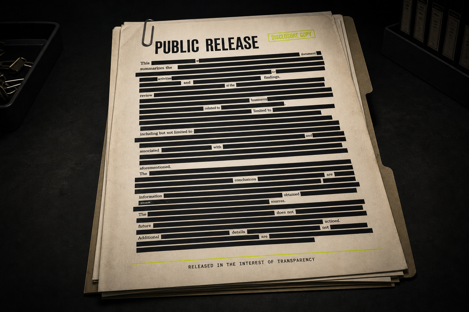 A fictional public-release document with nearly every useful line covered by black redaction bars.