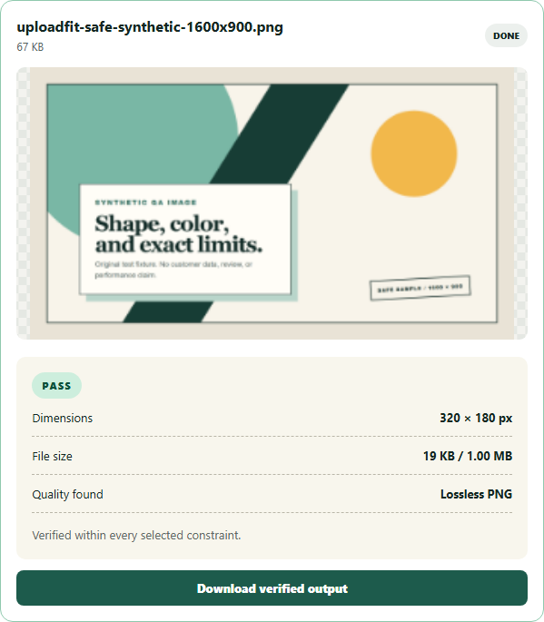 Genuine PixelClamp PASS receipt from a safe synthetic QA image