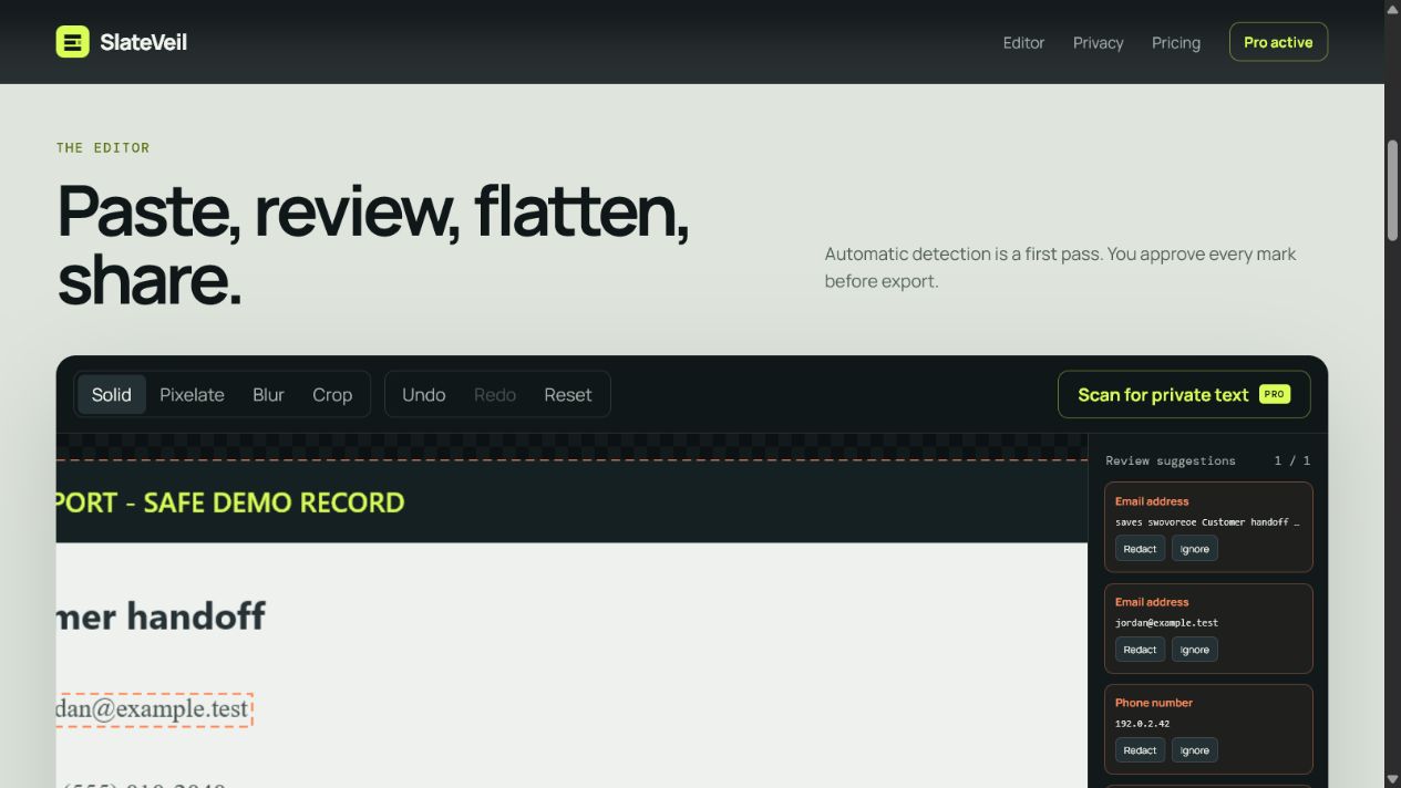 SlateVeil in-house screenshot-redaction interface with a fictional safe sample