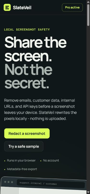 SlateVeil in-house web product on a mobile viewport